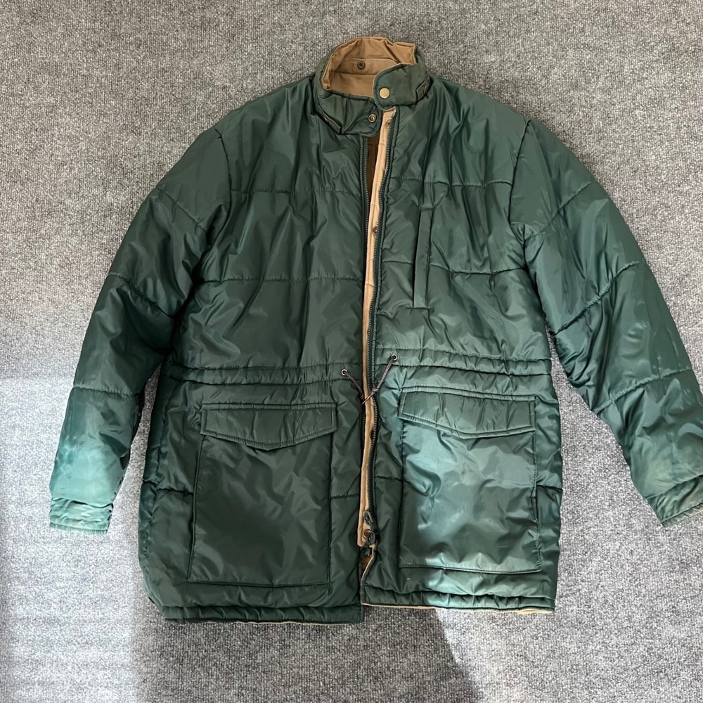 Vintage Reversible Puffer Jacket Green Tan Quilted Field Coat Mens Large